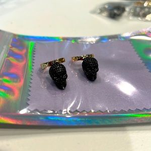 Black crystal pavé skull earrings with gold plated earring huggie. New/Handmade
